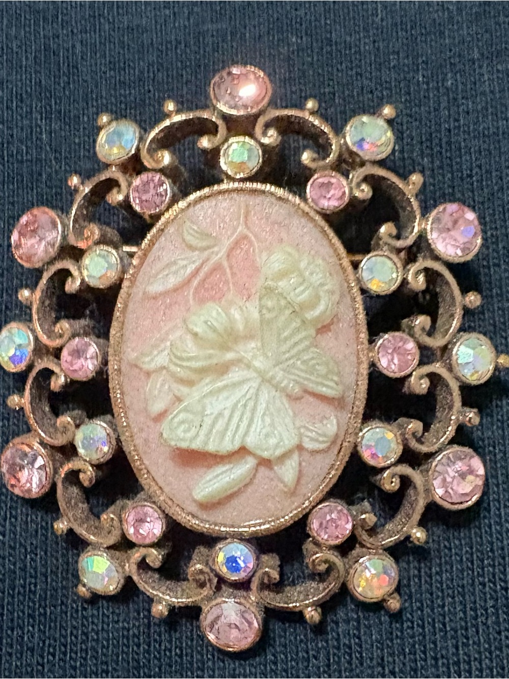 Vintage Pink Floral Cameo Brooch AB Rhinestones Gold Tone Ornate 2.25”